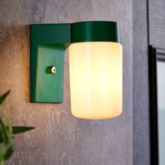 a green and white wall light mounted on the side of a gray wall next to a potted plant