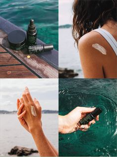 collage of photos with woman's hands and skin care products on the water