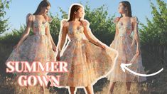 two women in dresses with the words summer gown on them and an image of trees