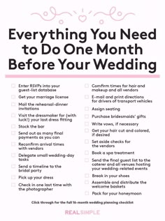 a wedding checklist with the words everything you need to do one month before your wedding