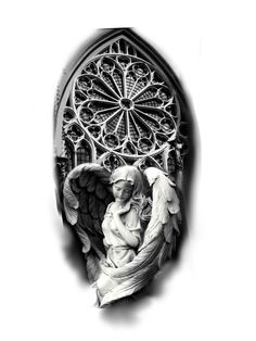 an angel statue sitting in front of a stained glass window