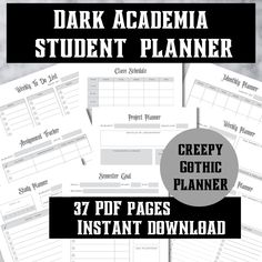 the dark academy student planner is shown in black and white