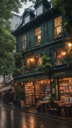 an image of a rainy day in the city with bookshelves and tables outside