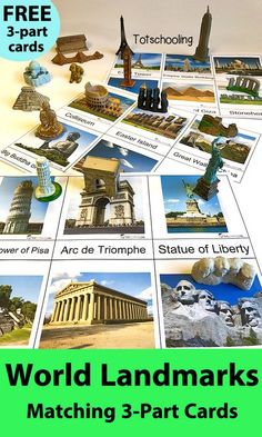 the world landmarks matching 3 - part cards are shown in green and white with black text