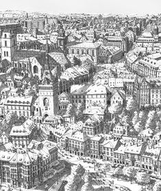 black and white drawing of a cityscape with buildings in the foreground, from above