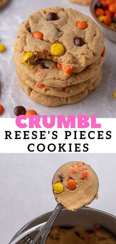 a cookie with reese's pieces in it and the words crumbl reese's pieces cookies