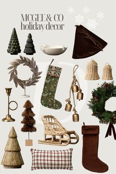 christmas items and decorations are arranged in the shape of a wreath, stockings, bell, snowflakes, tree, sleigh