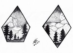 two black and white drawings of mountains with trees in the middle one has a bear on it's back