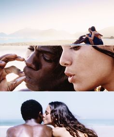 two different pictures with one man and the other woman kissing