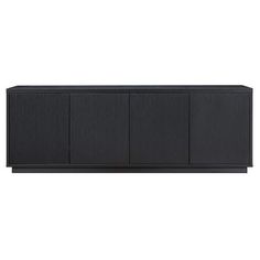 the sideboard is black and has three doors on each side, one door open to reveal