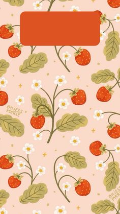 a pink background with strawberries and flowers on it