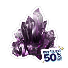 purple crystal sticker with 50 % off sale sign in the background, on white