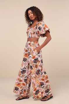 Linen Two Piece Set, India Dress, Two Piece Jumpsuit, Floral Print Fabric, Floral Jumpsuit, Wide Pants, Boho Floral, Women's Summer Fashion, Cropped Top