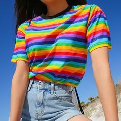 Free Size:Bust: 98 cm/ 38.5 in, Length: 60 cm/ 23.6 in, Shoulder 42 cm/ 16.5 inMaterial: Cotton, Polyester Rainbow Tee, Rainbow Outfit, Pride Outfit, Rainbow Fashion, Y2k Outfits, Cute Summer Outfits, Blouse Styles, A Rainbow, Pretty Outfits