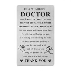 a metal plaque that says to a wonderful doctor i want to thank you for your dedication, kindness, and support