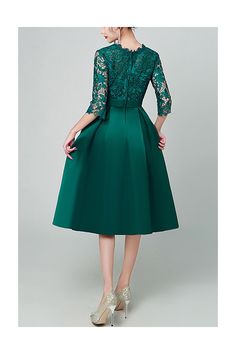 Green Satin Lace Semi Party Dress with Half Sleeves - $59.9832 #S1835 - SheProm.com Party Dresses With Sleeves, Smart Dresses, Smart Dress, Black Knees, Green Satin, Formal Party, Style Dresses, Your Special, Half Sleeves