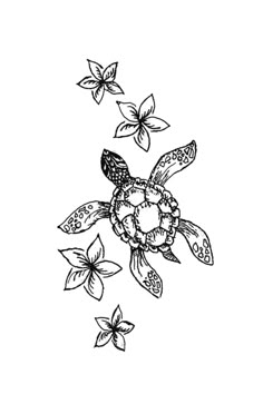 an ink drawing of a turtle and flowers