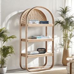 a bamboo shelf with books on it next to a potted plant in a living room