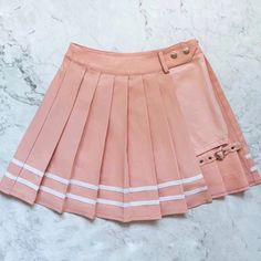 Pastel pink pleated schoolgirl skirt with white striping and a leg strap. The skirt comes with attached hidden shorts underneath. Pleated Mini Skirts, Pastel Skirt, Outfits Juvenil, Skirt Streetwear, Pink Mini Skirt, Shein Outfits, Pink Skirt, Pink Outfits, Pleated Mini Skirt