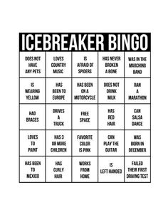 the icebreakerer bingo game is shown in black and white