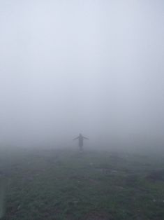 a person standing in the middle of a field on a foggy day