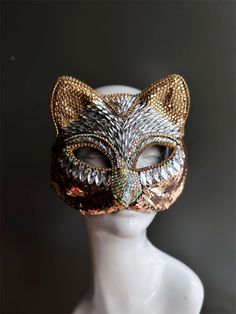 Women's cat masquerade mask covered in rhinestones in gold. Collage Objects, Animal Masquerade, Therian Cat Mask, Cat Masquerade Mask, Therian Cat, Cute Cat Costumes, Masquerade Mask Women, Couples Masquerade Masks, Gold Masquerade Mask