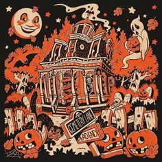 an orange and black halloween poster with pumpkins, jack - o'- lanterns, ghost