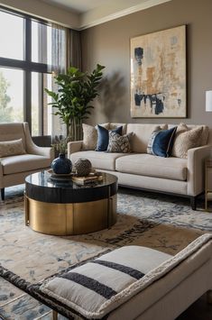 a living room with couches, chairs and a coffee table in front of a large window