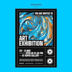 an art exhibition poster with blue and orange swirls