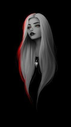 a drawing of a woman with long white hair and red eyes, in the dark