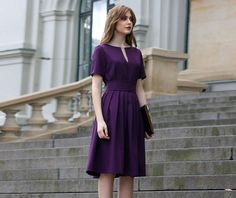 Cocktail Dress, Purple Dress, Women Dress Purple dress with circle skirts. Golden color detail in neckline. Dress with mid sleeves and zipper on the side, tying belt at the back. The material isvery comfortable for wearing them, slightly elastic and crease.When washing, the color remains the same brightness. ➤ Features > dress length: 105 cm / 41'' > mid sleeves > v neckline with detail > pleats at skirt part > tying waistband at the back ➤ Sizing My Size Guide in FAQ section belo Purple A-line Fit And Flare Dress, Purple Pleated A-line Dress, Purple Knee-length Office Dress, Purple Knee-length Dress For Office, Elegant Purple Dress With Full Skirt, Office Purple Midi Length Dresses, Purple Midi Office Dresses, Purple Midi Length Office Dresses, Purple A-line Dress For Workwear