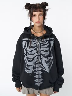 Skeleton Black Zip Up Hoodie Jacket Oversized Zip Up Hoodie, Black Zip Up Hoodie, Skeleton Hoodie, Minga London, 2 Piece Skirt Set, Skeleton Print, Black Zip Ups, Pop Punk, Oversized Hoodie