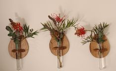 three wall mounted vases with flowers in them