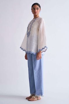 A Line Shirt, Line Silhouette, Linen Tops, Tailored Pants, Blue Ivory, Linen Top, Cotton Tops, Soft Fabric, Soft Fabrics