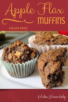 an advertisement for apple flax muffins on a plate with other muffins