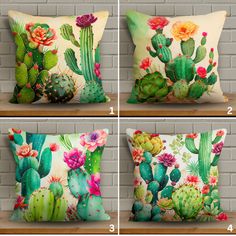 four pillows with different cactus designs on them