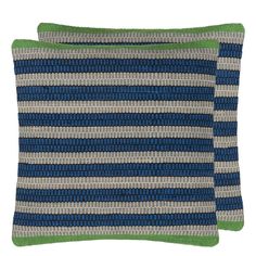 two blue and green striped pillows on a white background, one is made out of yarn