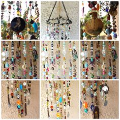 many different types of beads hanging from the ceiling and in front of a wall mounted wind chime