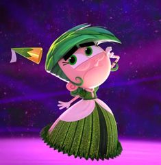 a cartoon character in a green dress and hat with an arrow on her head, flying through the air