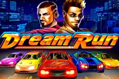 the game title for dream run, featuring three men in colorful cars and city lights