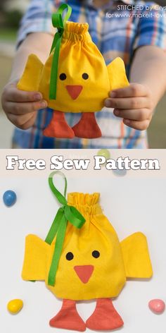 a child holding a small yellow bag with a green ribbon and the words free sew pattern on it