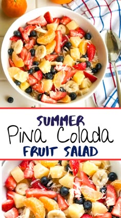 a white bowl filled with fruit salad next to an orange and blue striped napkin on top