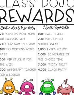 the reward list for class dojo reward cards with cartoon characters on each one side