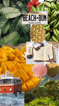 the collage shows different types of food, including bananas, pineapples and an old vw bus