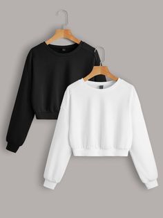 Blanco y Negro Casual Collar manga larga Tela,Tela Liso Pullovers Embellished No-Elástico Primavera/Verano Raglan Sleeve Sweatshirt, Cute Dress Outfits, Sweatshirt Women, Really Cute Outfits, Crop Sweatshirt, Outfits Casuales, Matilda, Long Sleeve Knit