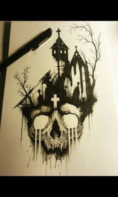 a drawing of a skull with a church in the background and dripping paint on it