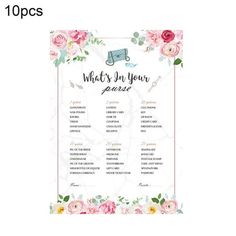 a wedding table plan with flowers and an elephant on the top, which reads what's in your purse?