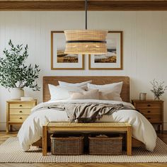 a bedroom with white walls and wooden furniture