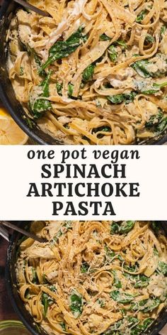 one pot vegan spinach artichoke pasta in a skillet