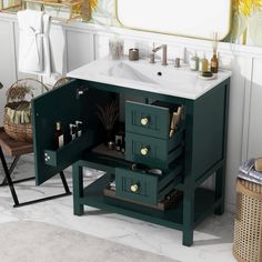 a bathroom vanity with two drawers and a sink in the middle, next to a mirror